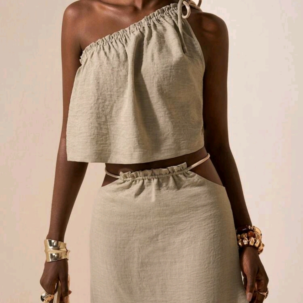 Women's Two-Piece Suits Linen Two Piece Set  Beige Two Piece Set